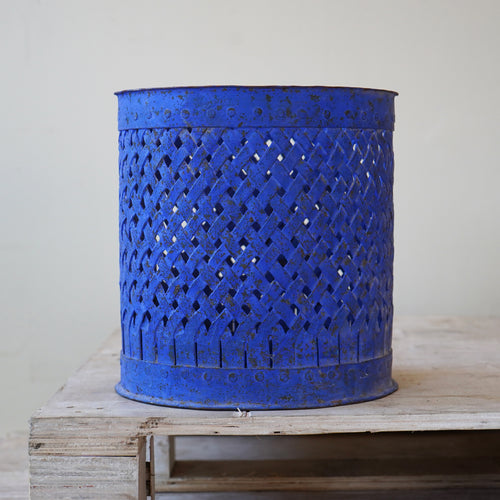Vintage Cobalt Blue Latticed Riveted Paper Bin