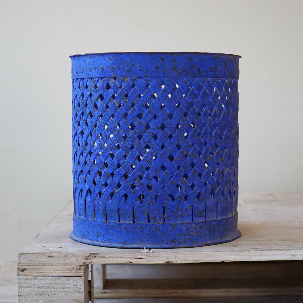 Vintage Cobalt Blue Latticed Riveted Paper Bin