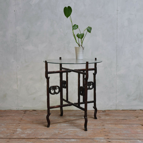 Antique Chinese Folding Faux Bamboo Glass Top Table