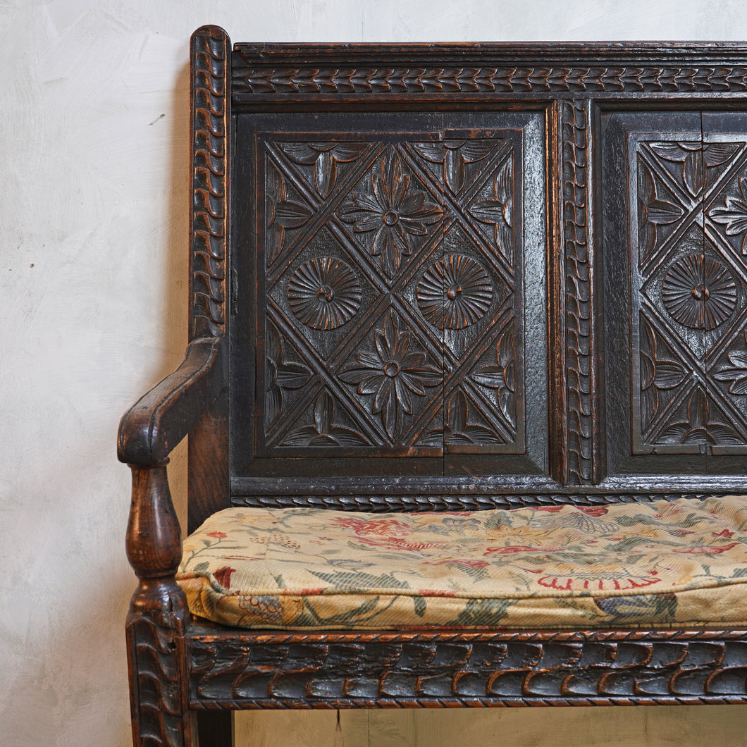 Antique 17th Century Carved Floral Oak English Settle Bench