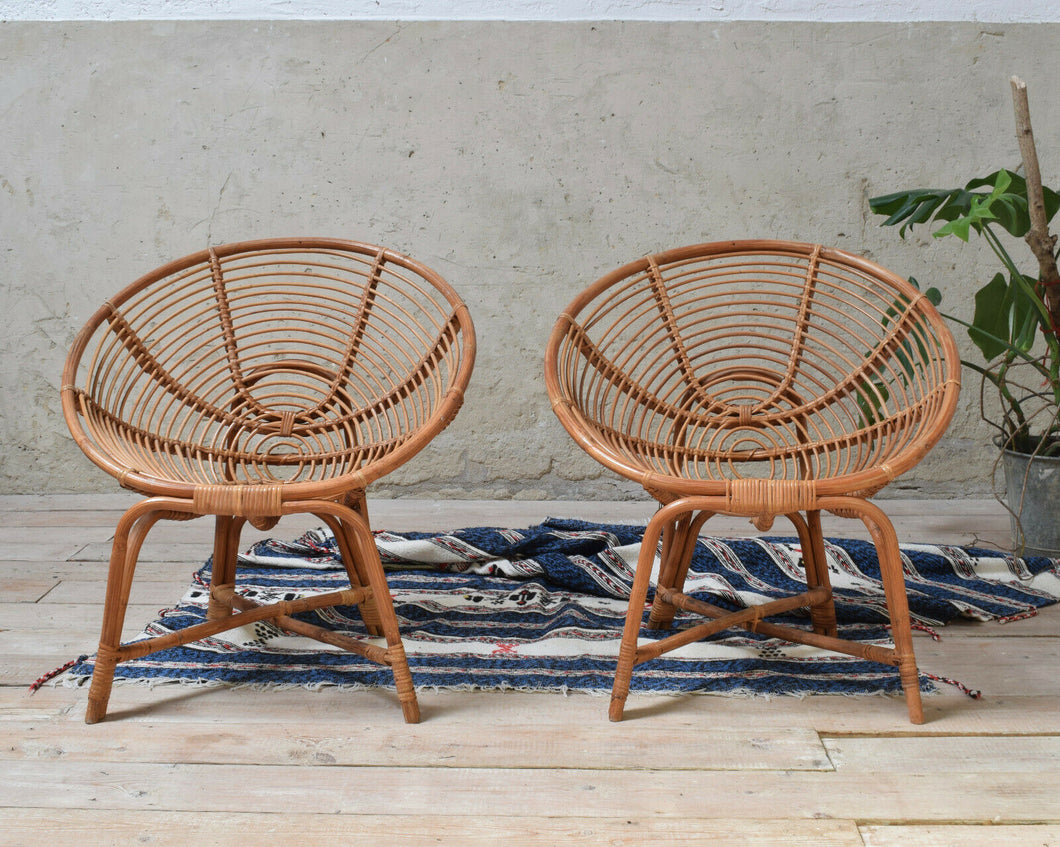 Vintage Italian Round Bamboo Cane Wicker Occasional Chairs