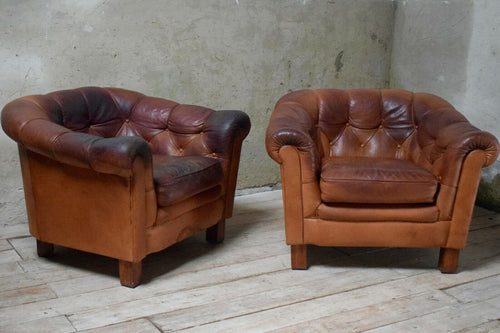 Pair Of Vintage Swedish Button Back Leather Club Chairs