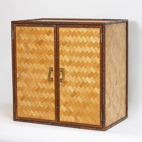 1970s French Bamboo Woven Herringbone Cabinet