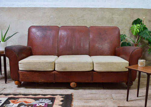 Large French Vintage Leather Sofa