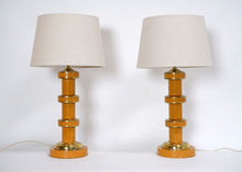 Vintage Pair Of Brass and Yellow Enamel Paint Table Lamps