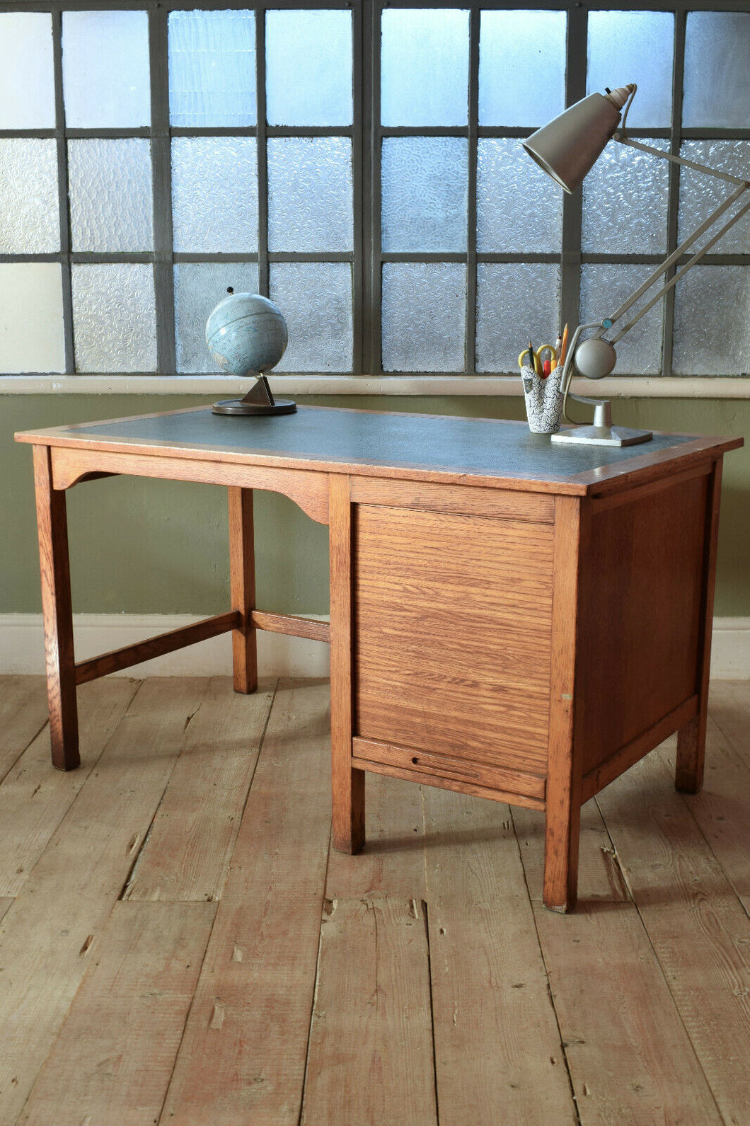 Mid Century Oak Tambour Cabinet Desk