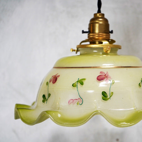 Vintage French Glass Pendant Light Shade Hand Painted Flowers