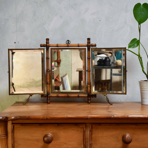 French Antique Faux Bamboo Wood Tri Folding Triple Mirror