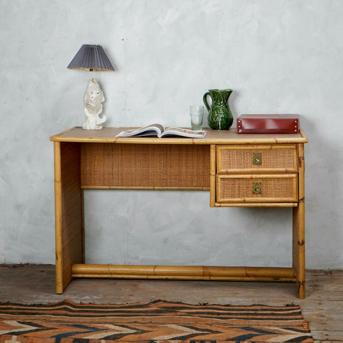 Vintage Italian Rattan and Bamboo Desk By Del Vera
