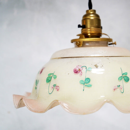 Vintage French Glass Pendant Light Shade Hand Painted Flowers