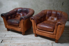 Pair Of Vintage Swedish Button Back Leather Club Chairs