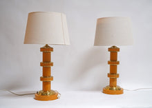 Vintage Pair Of Brass and Yellow Enamel Paint Table Lamps