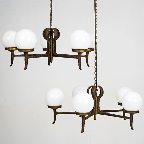 Pair Of French 1970s Iron And Glass Chandeliers