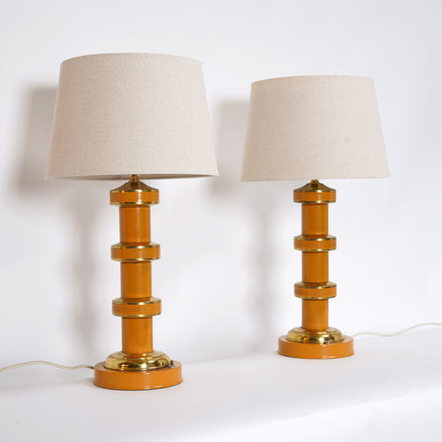 Vintage Pair Of Brass and Yellow Enamel Paint Table Lamps